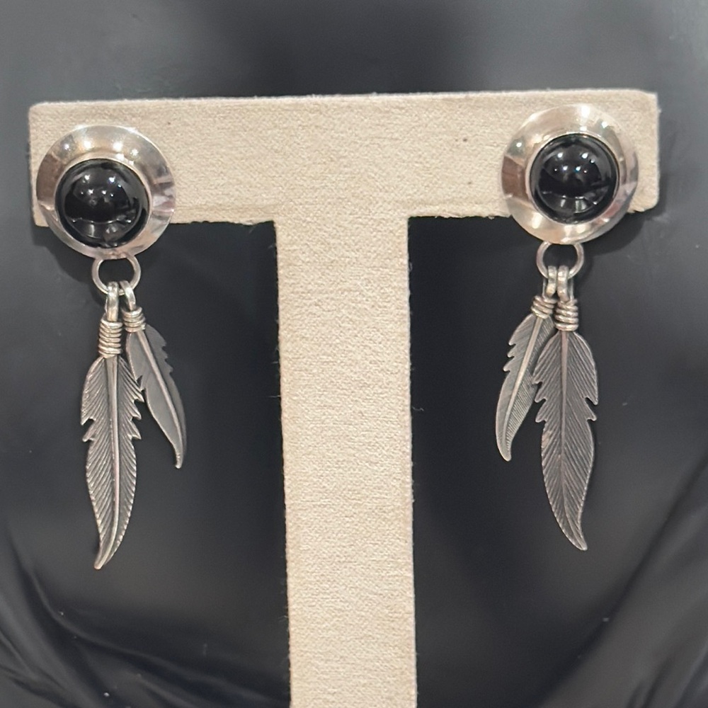 Sterling Silver and Black Onyx Feather Drop Earrings